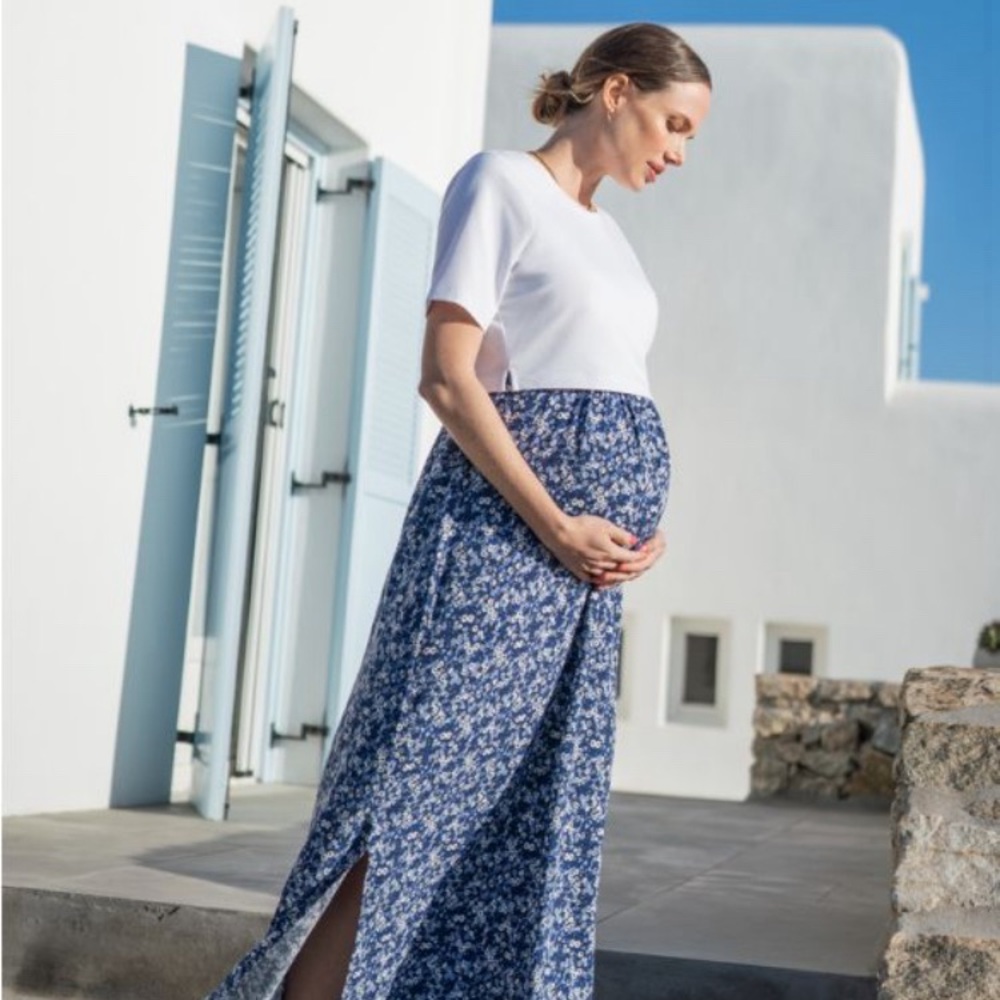 Seraphine blue and white maxi nursing dress